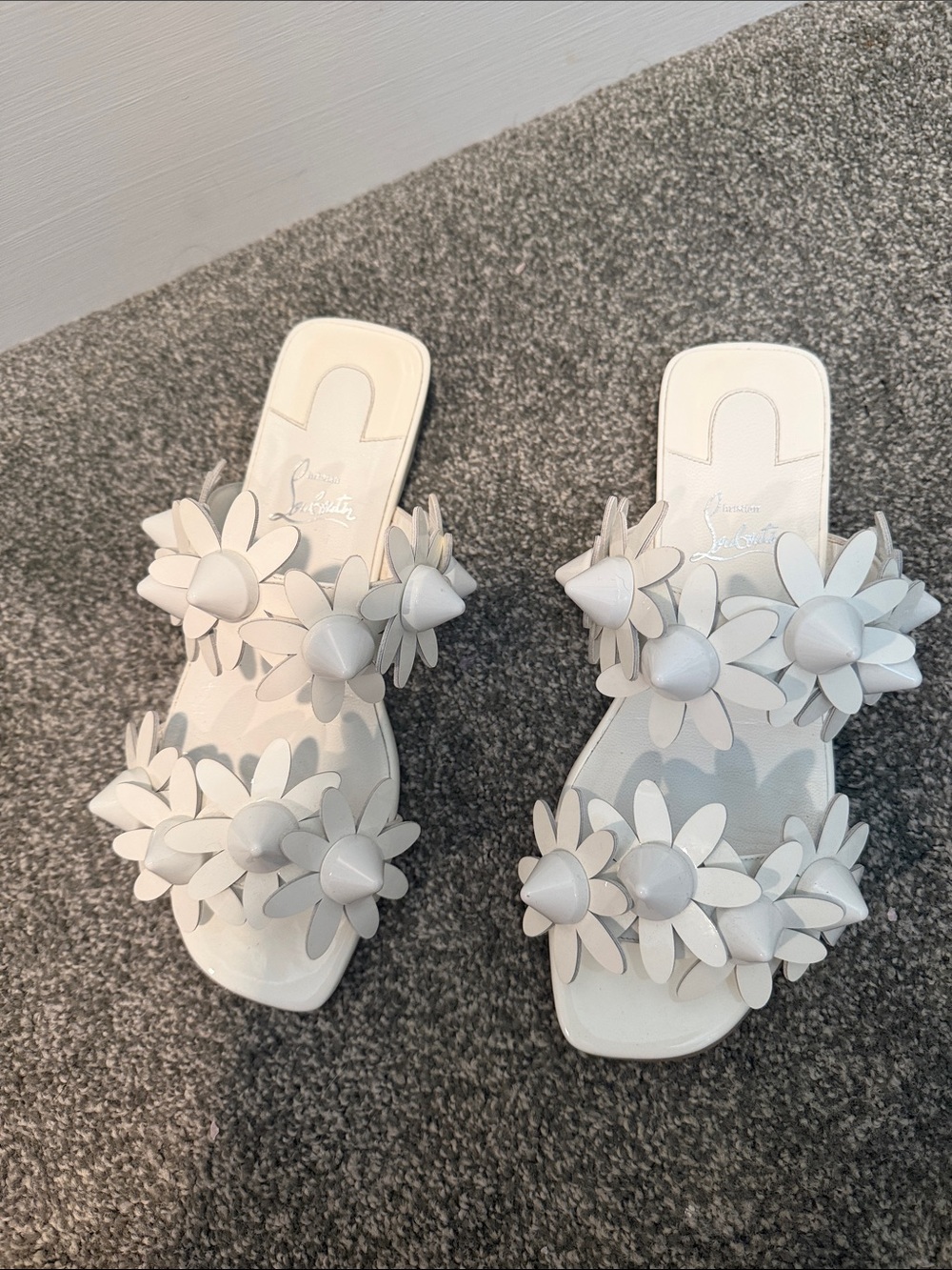 Christian Louboutin White Floral Appliqué Slide Mules